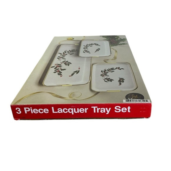 Vintage Lacquerware Nesting Serving Tray 3 Piece Set Christmas White Japan 1989 - Picture 9 of 16